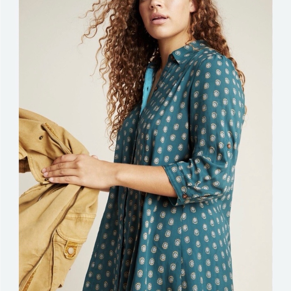 Anthropologie Maeve Teal Floral Patterned Shirt